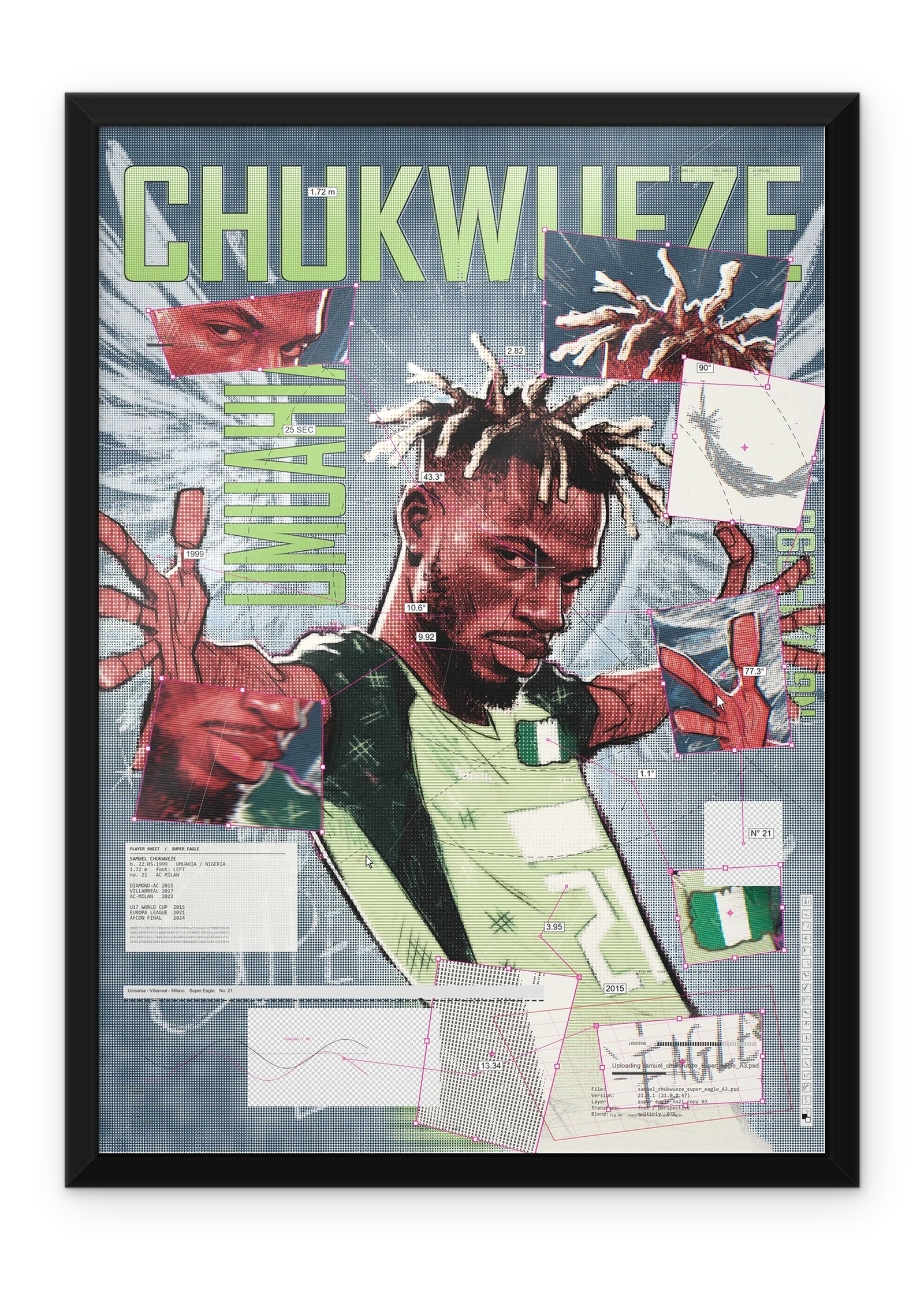 Samuel Chukwueze, black metal frame on a white wall