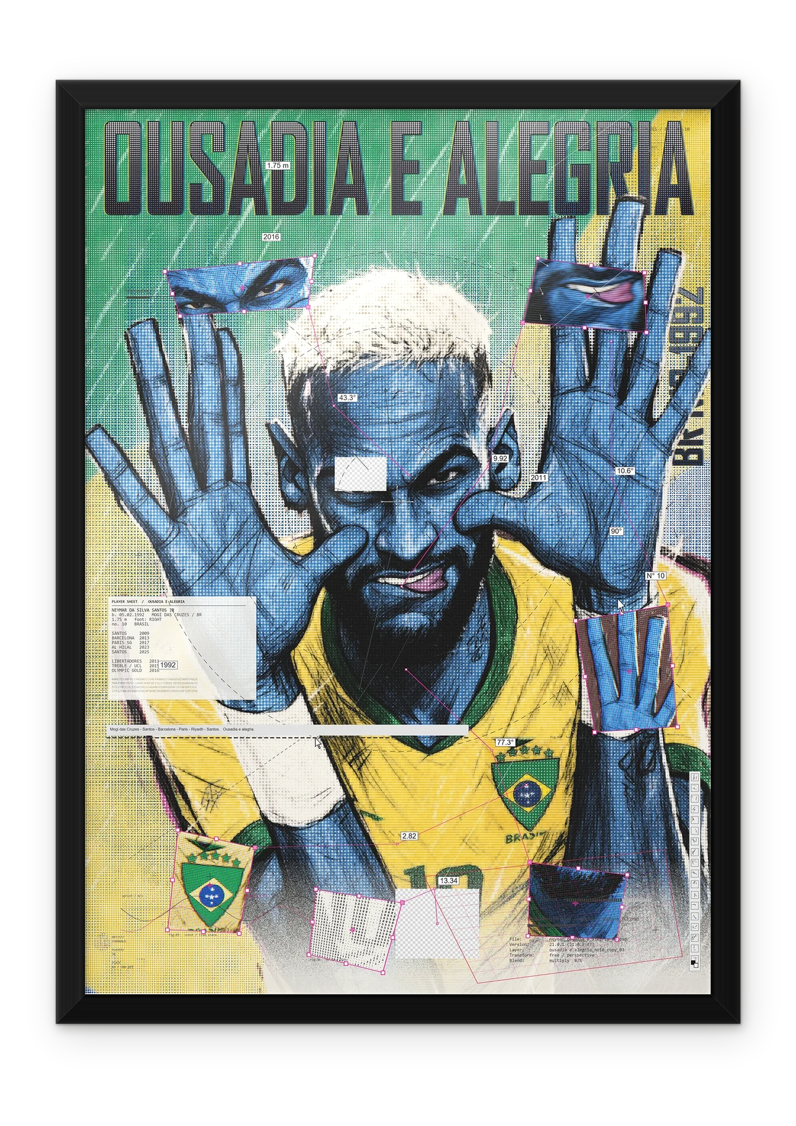 Neymar, black metal frame on a white wall