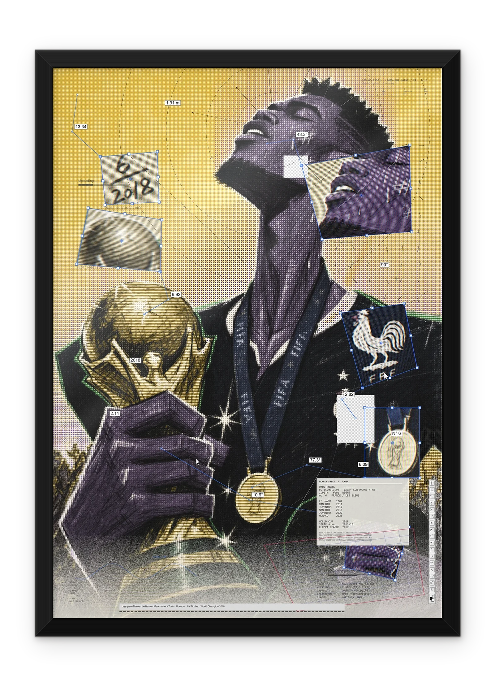 Paul Pogba, black metal frame on a white wall